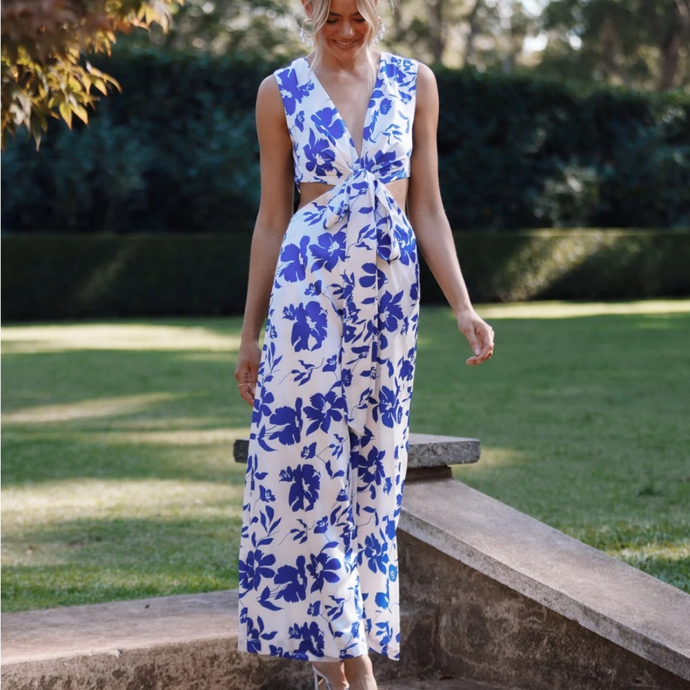 Petal & Pup White Maxi Jumpsuit with Blue Floral Print